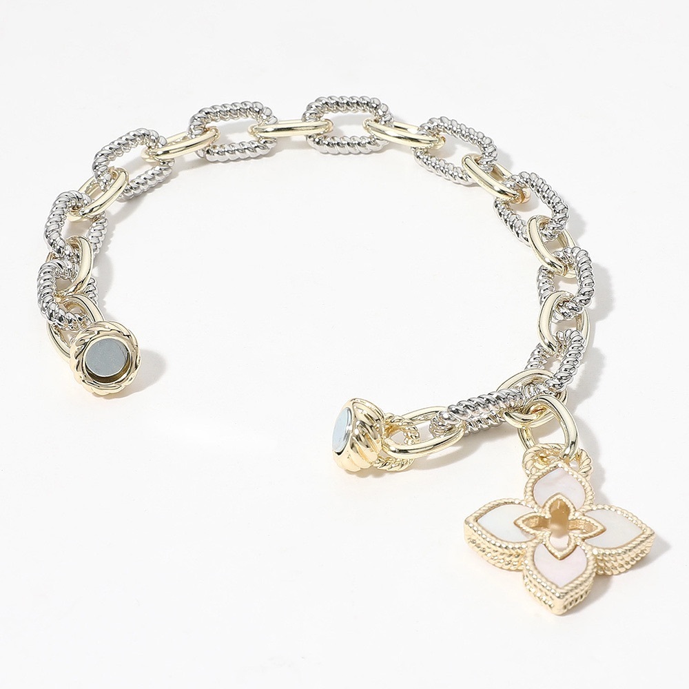 14K GP Two Tone Mother of Pearl Clover Charm Magnetic Bracelet - Picture 4 of 4